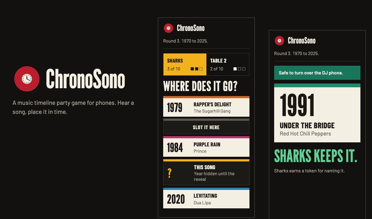 ChronoSono on two phones: a team's timeline of songs by year with a hidden song slotted in, and the reveal of Under the Bridge, 1991