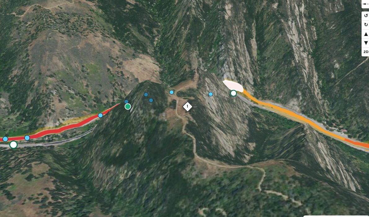 3D satellite map of US 101 at Gaviota Pass with roadkill records and crossing structures