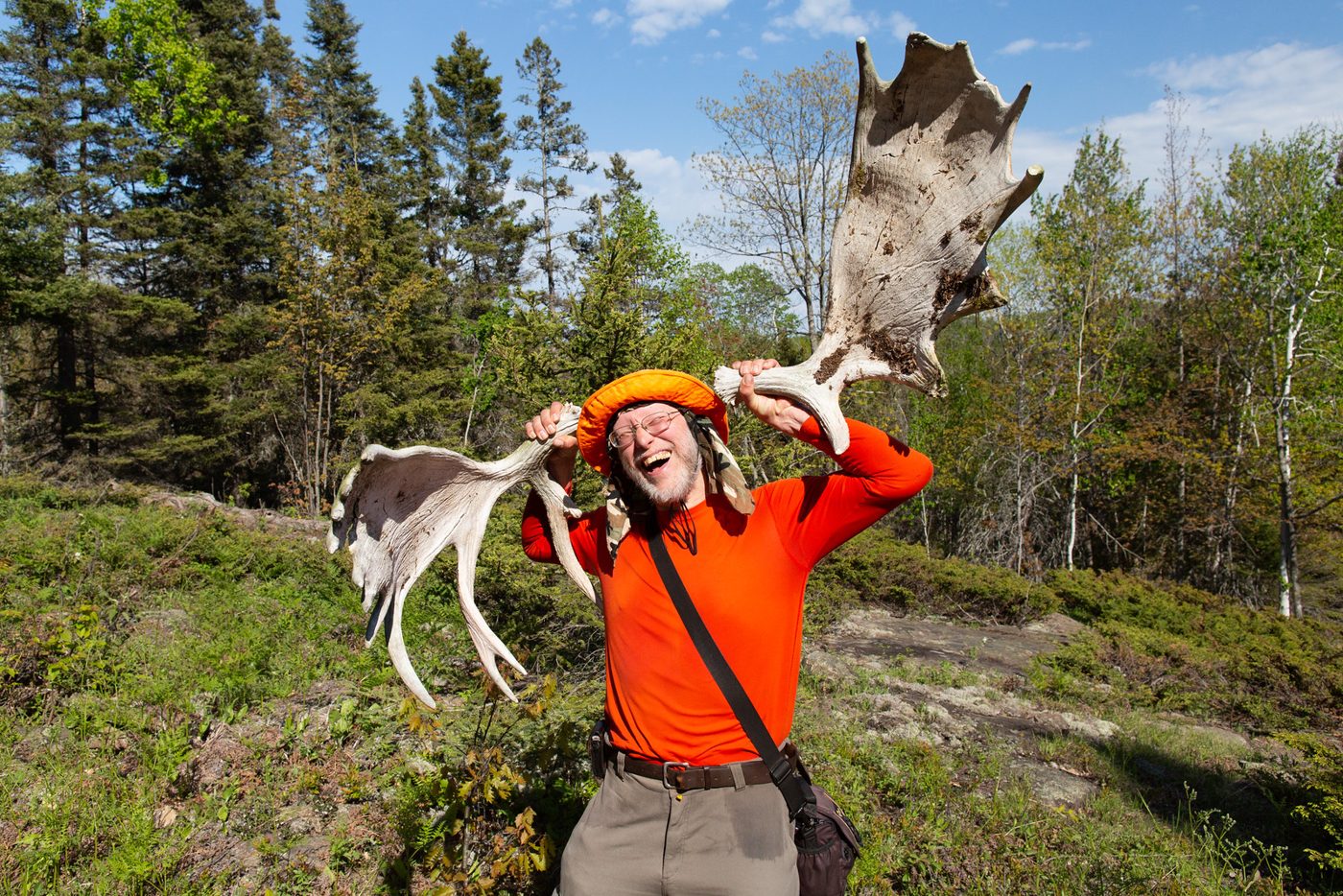 Crew with moose antlers.